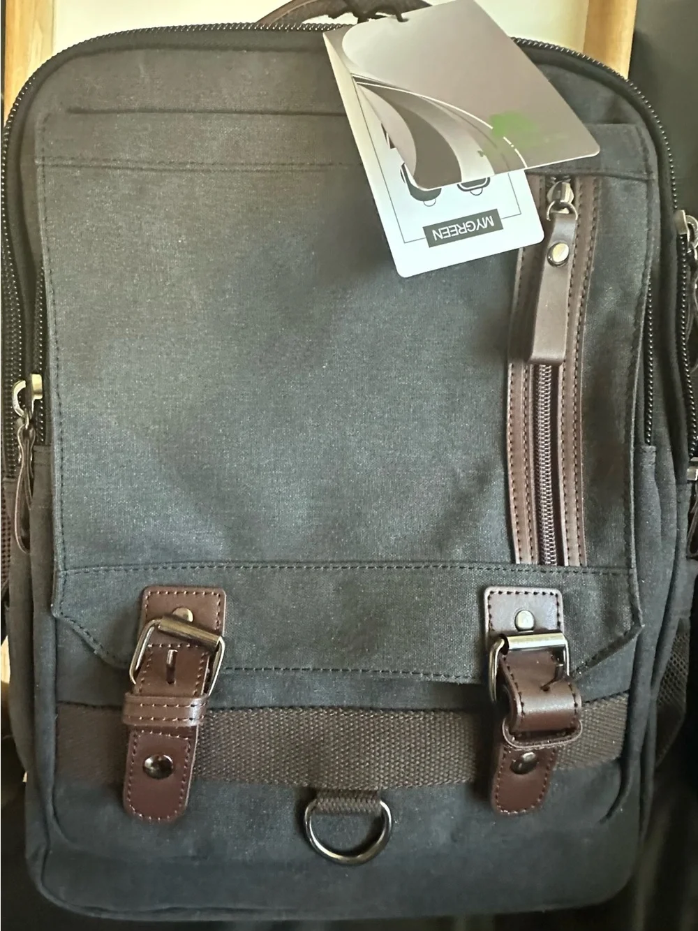 NEW MYGREEN Brown Backpack Zip & Buckle Closure, Leather Trim, Adjustable Strap